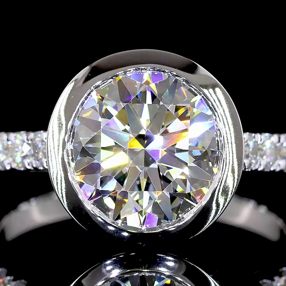 14K White Gold Bezel Set Round Lab Diamond Solitaire Shank Ring - 3.15 Total Carat Weight, D VVS2 Center Stone - Covaloro Fine Jewelry