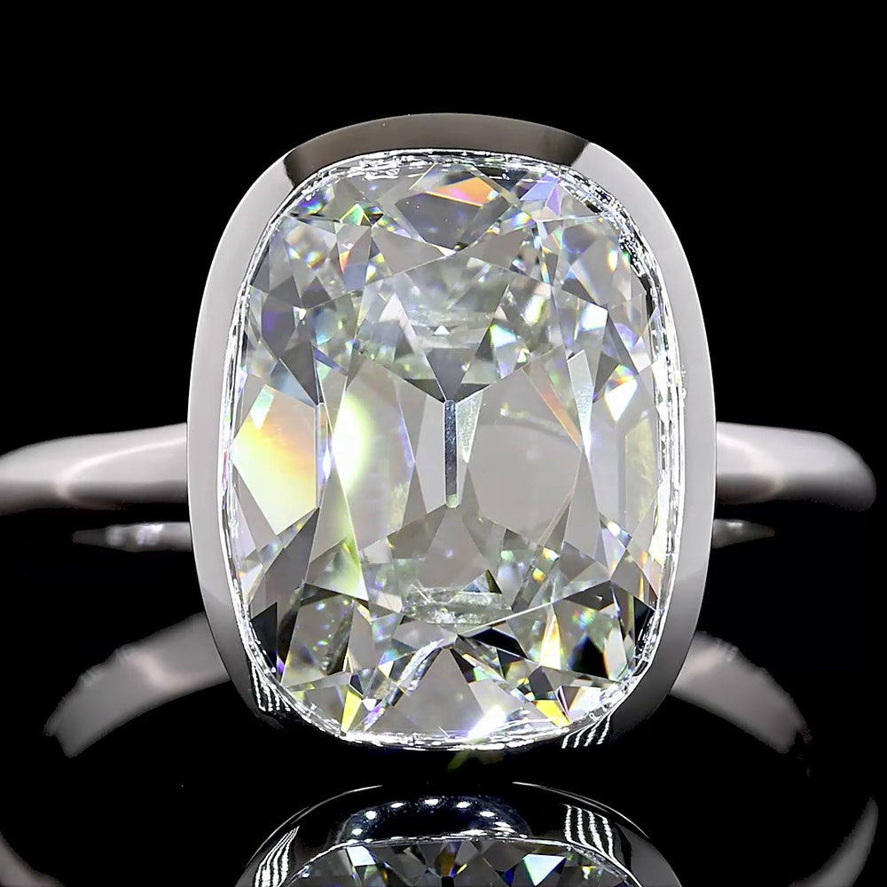 14K White Gold Bezel Set Solitaire Ring with 5.12 Carats Antique Cushion Cut Lab Diamond - E-F Color VS1 Clarity - Covaloro Fine Jewelry