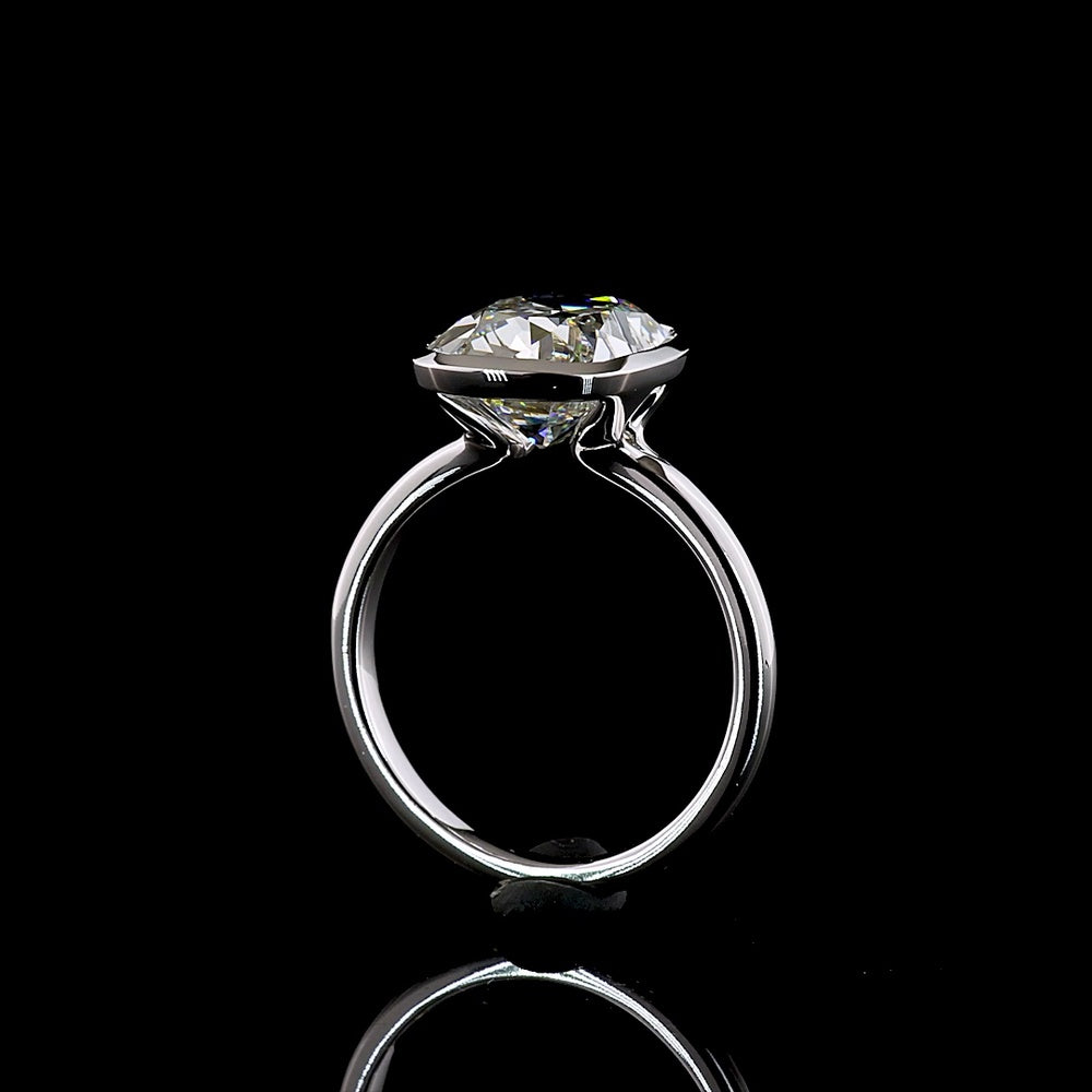 14K White Gold Bezel Set Solitaire Ring with 5.12 Carats Antique Cushion Cut Lab Diamond - E-F Color VS1 Clarity - Covaloro Fine Jewelry