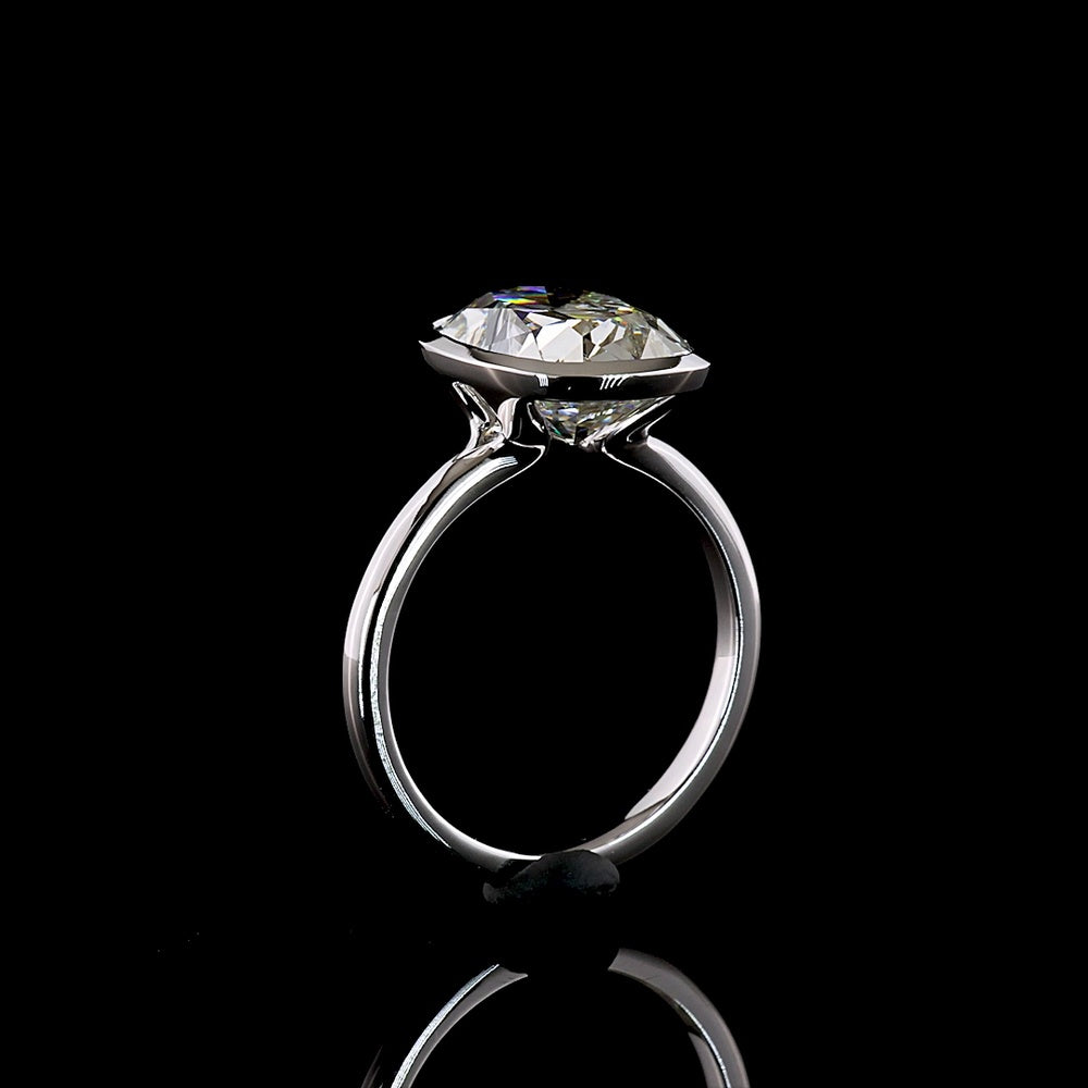 14K White Gold Bezel Set Solitaire Ring with 5.12 Carats Antique Cushion Cut Lab Diamond - E-F Color VS1 Clarity - Covaloro Fine Jewelry