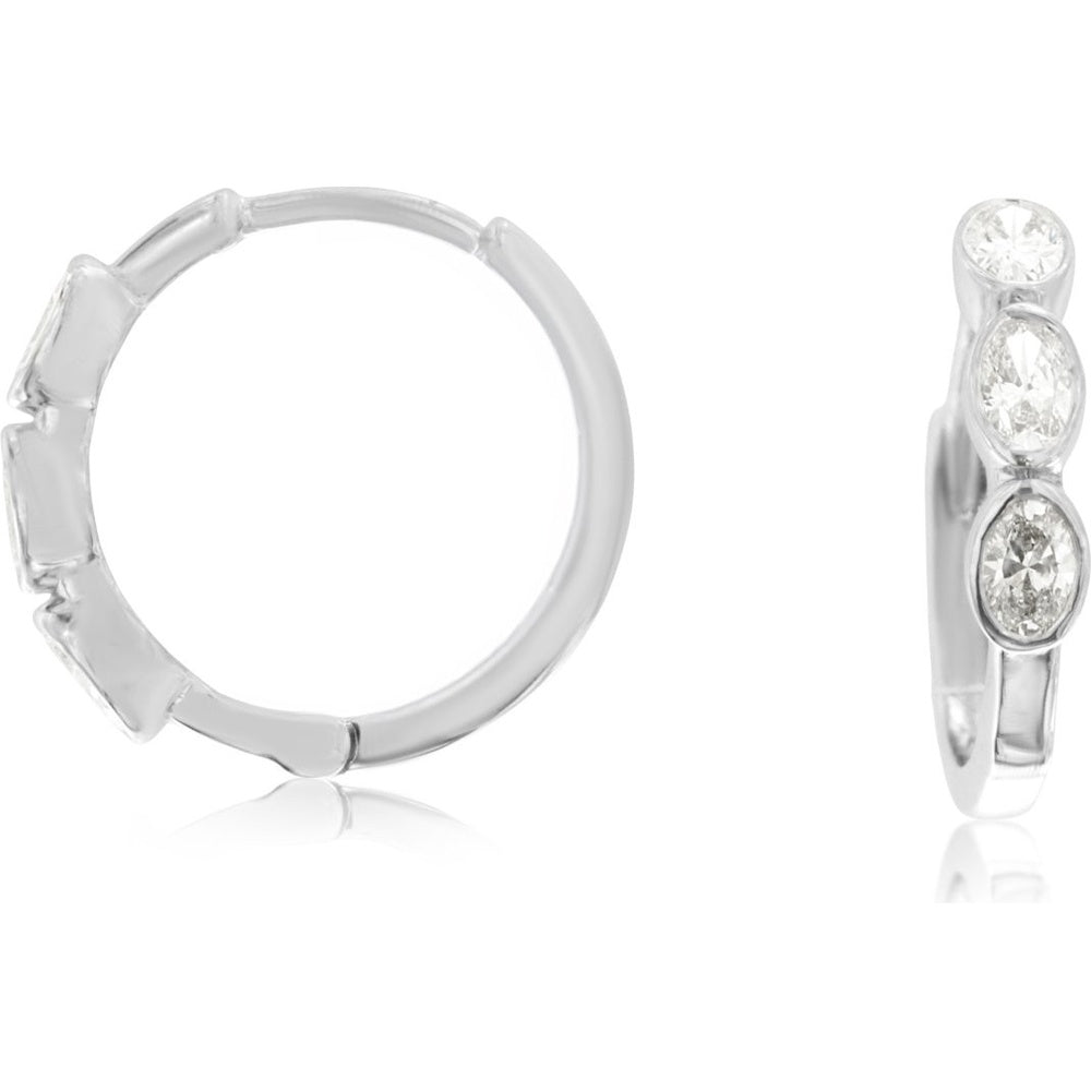 14K White Gold Bezel-Set Three Stone Diamond Hoop Earrings - 0.38 Carat Total Diamond Weight - Royal Jewelry
