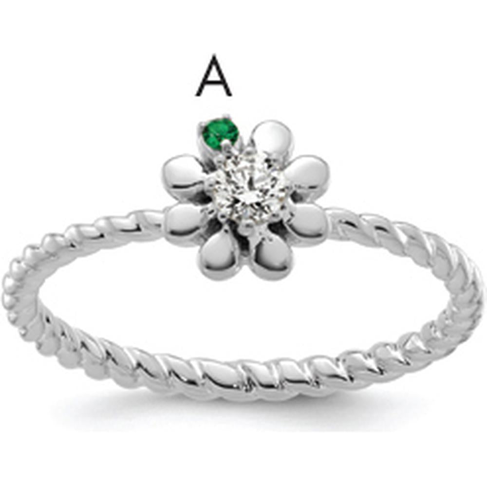14K White Gold Birthstone Flower Ring with Diamond Accent - Personalized Mother's Ring by Oro Pregiato