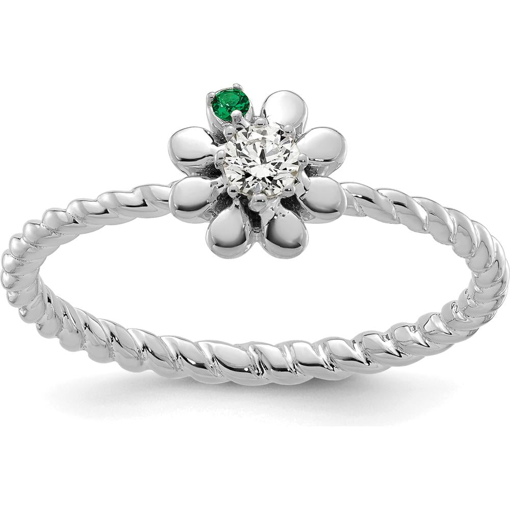 14K White Gold Birthstone Flower Ring with Diamond Accent - Personalized Mother's Ring by Oro Pregiato