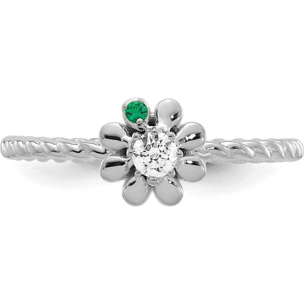 14K White Gold Birthstone Flower Ring with Diamond Accent - Personalized Mother's Ring by Oro Pregiato
