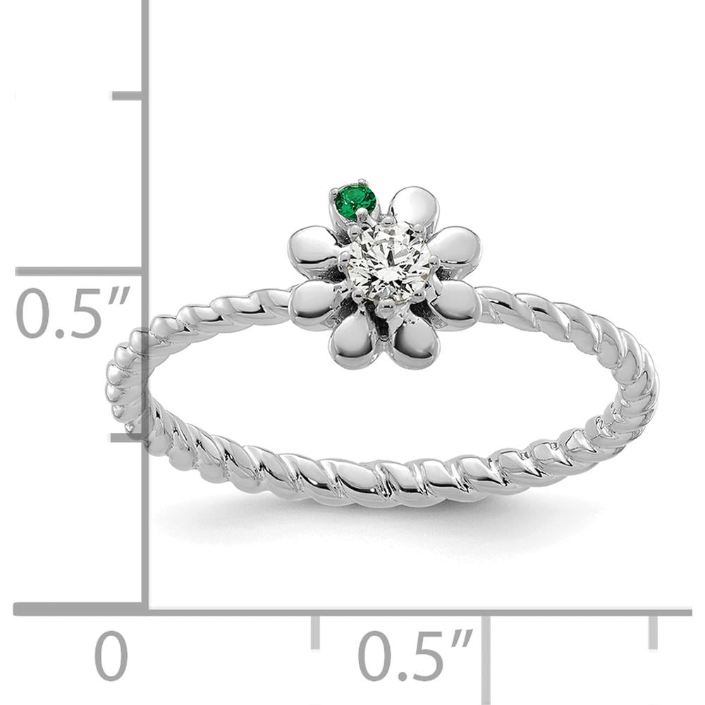 14K White Gold Birthstone Flower Ring with Diamond Accent - Personalized Mother's Ring by Oro Pregiato