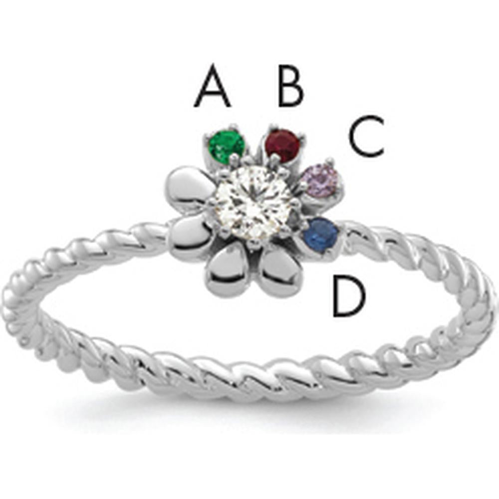 14K White Gold Birthstone Flower Ring with Diamond Center and Customizable Stones - Perfect for Mother's Day by Oro Pregiato