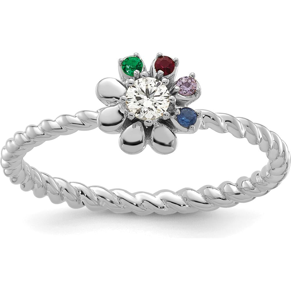 14K White Gold Birthstone Flower Ring with Diamond Center and Customizable Stones - Perfect for Mother's Day by Oro Pregiato