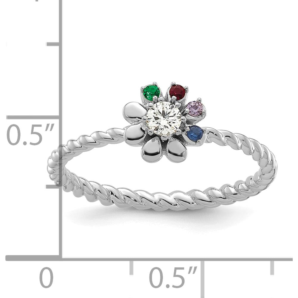 14K White Gold Birthstone Flower Ring with Diamond Center and Customizable Stones - Perfect for Mother's Day by Oro Pregiato