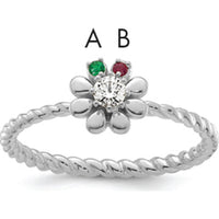 14K White Gold Birthstone Flower Ring with Diamond Center and Emerald & Ruby Birthstones by Oro Pregiato
