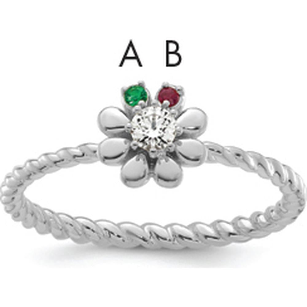 14K White Gold Birthstone Flower Ring with Diamond Center and Emerald & Ruby Birthstones by Oro Pregiato