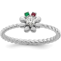 14K White Gold Birthstone Flower Ring with Diamond Center and Emerald & Ruby Birthstones by Oro Pregiato