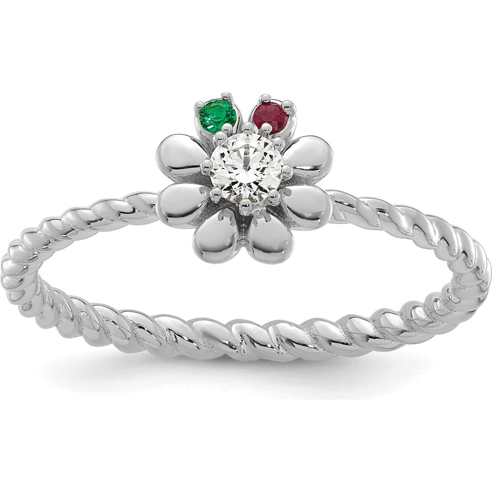 14K White Gold Birthstone Flower Ring with Diamond Center and Emerald & Ruby Birthstones by Oro Pregiato
