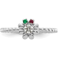14K White Gold Birthstone Flower Ring with Diamond Center and Emerald & Ruby Birthstones by Oro Pregiato