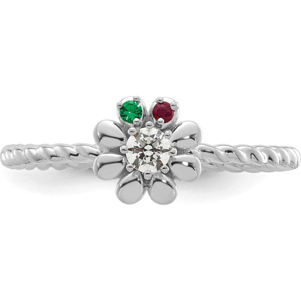14K White Gold Birthstone Flower Ring with Diamond Center and Emerald & Ruby Birthstones by Oro Pregiato
