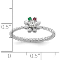 14K White Gold Birthstone Flower Ring with Diamond Center and Emerald & Ruby Birthstones by Oro Pregiato