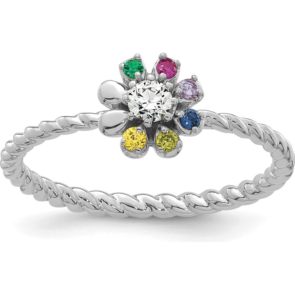 14K White Gold Birthstone Flower Ring with Diamond Semi-Mount - Customizable Mother's Jewelry by Oro Pregiato