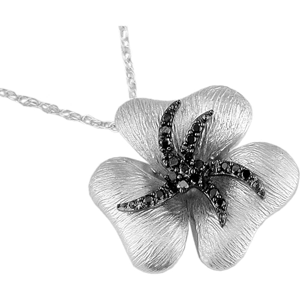 14K White Gold Black Diamond & Diamond Flower Pendant with Round and Oval Shaped Diamonds - 0.15 Carats Total Diamond Weight