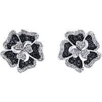 14K White Gold Black Diamond and White Diamond Flower Earrings - 1.0 Carat Total Diamond Weight