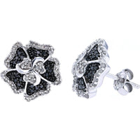 14K White Gold Black Diamond and White Diamond Flower Earrings - 1.0 Carat Total Diamond Weight