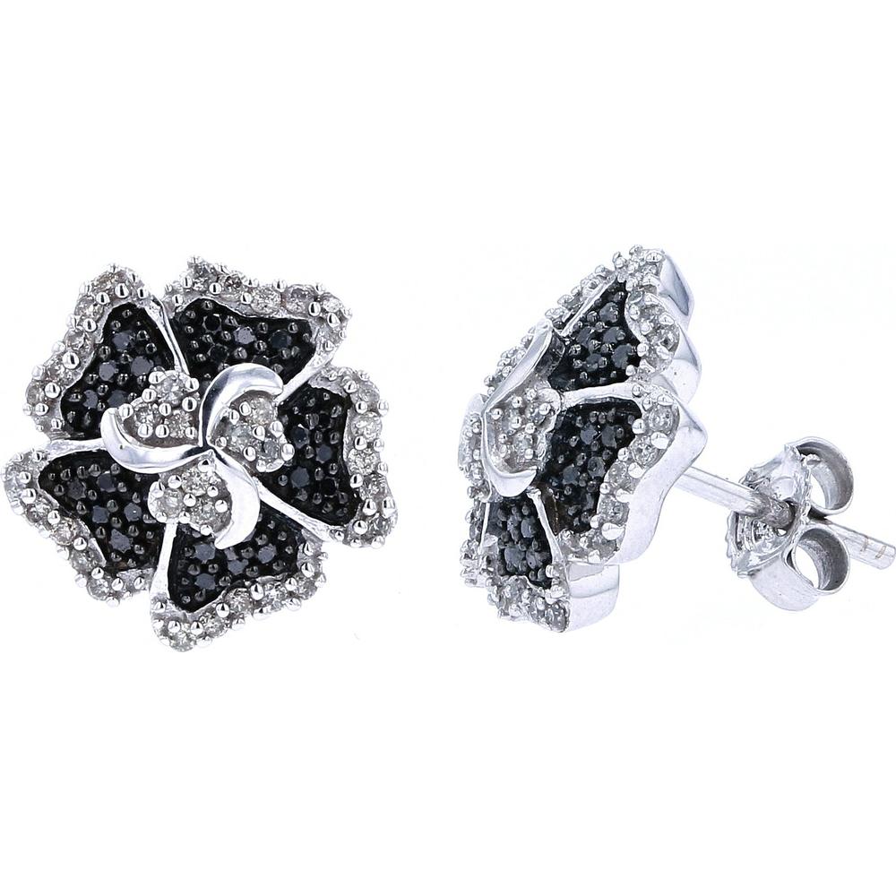 14K White Gold Black Diamond and White Diamond Flower Earrings - 1.0 Carat Total Diamond Weight