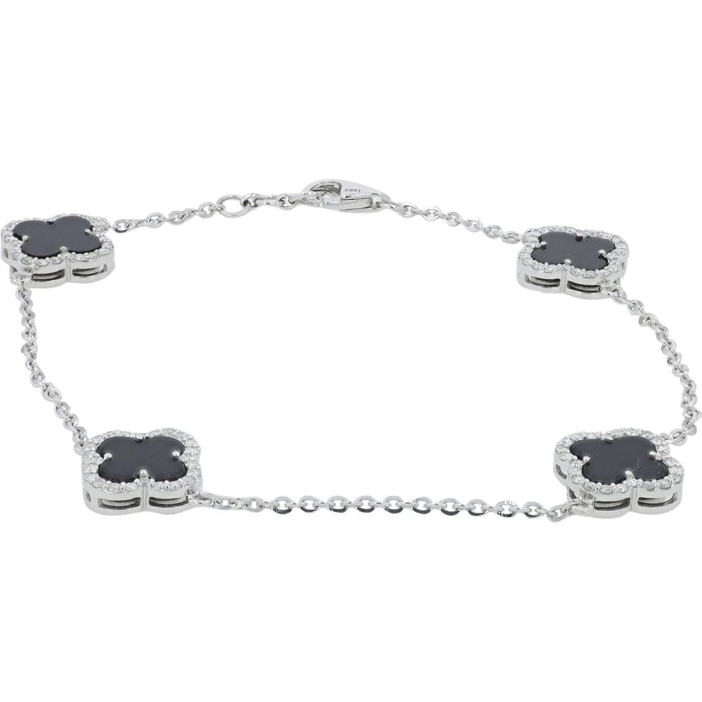 14K White Gold Black Onyx Clover Bracelet with 0.75 Carat Diamond Halo Accents