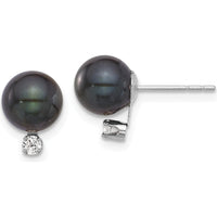 14K White Gold Black Round Akoya Pearl and Diamond Post Earrings - 0.10 Carat Diamond Total Weight by Monteluci Fine Jewelry