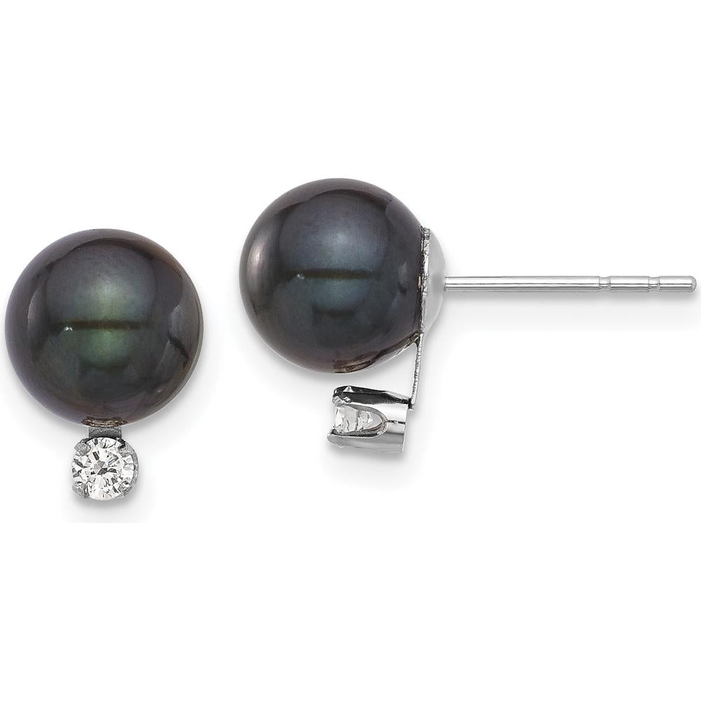 14K White Gold Black Round Akoya Pearl and Diamond Post Earrings - 0.10 Carat Diamond Total Weight by Monteluci Fine Jewelry