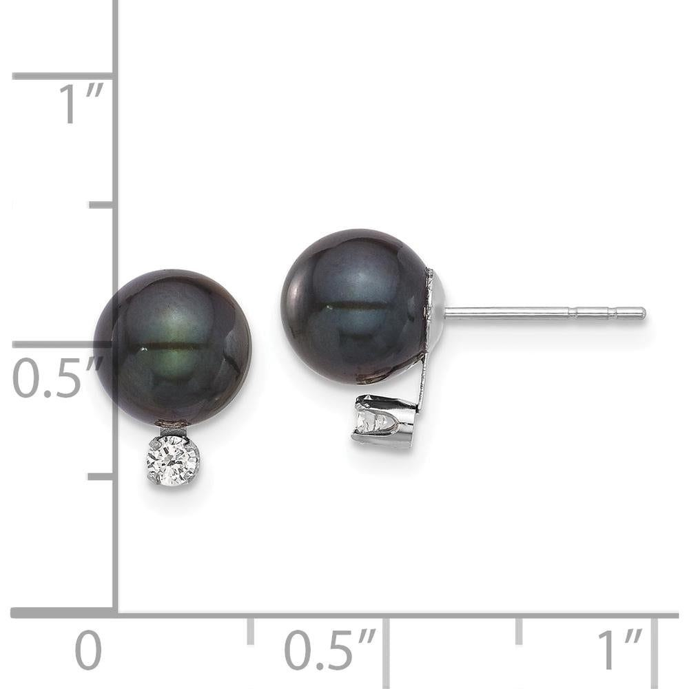 14K White Gold Black Round Akoya Pearl and Diamond Post Earrings - 0.10 Carat Diamond Total Weight by Monteluci Fine Jewelry