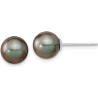 14K White Gold Black Round Tahitian Saltwater Cultured Pearl Post Earrings - 8-9mm by Monteluci Fine Jewelry