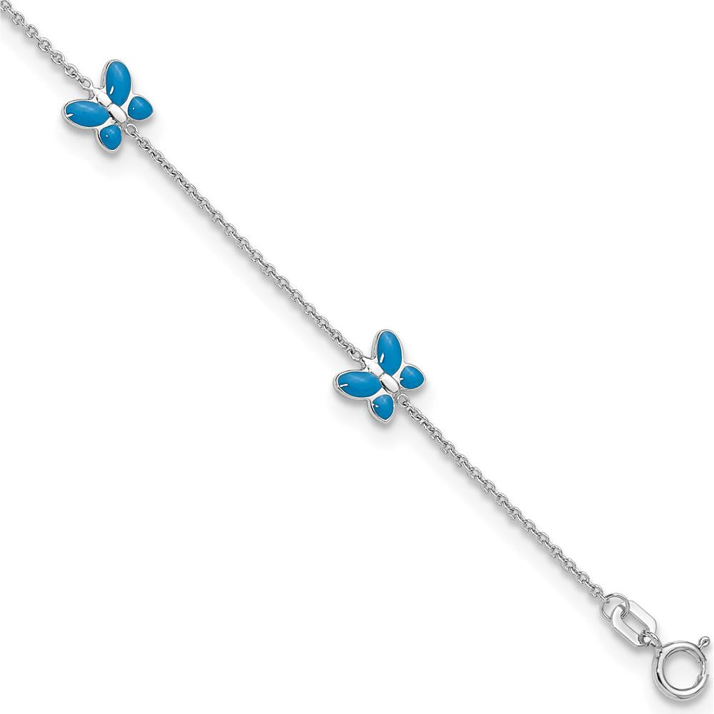 14K White Gold Blue Enameled Butterflies 7-Station 10" Anklet with Rhodium Plating
