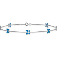 14K White Gold Blue Enameled Butterflies 7-Station 10" Anklet with Rhodium Plating