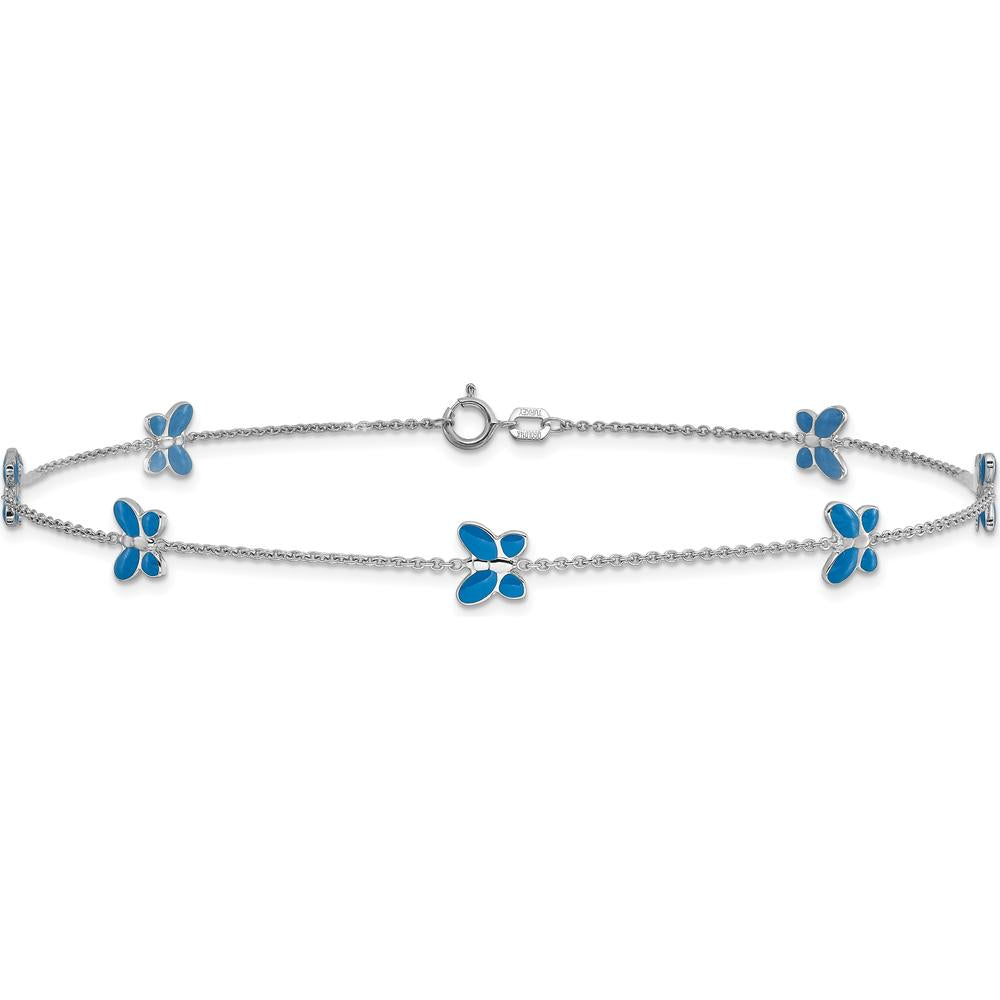 14K White Gold Blue Enameled Butterflies 7-Station 10" Anklet with Rhodium Plating