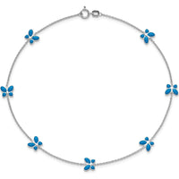 14K White Gold Blue Enameled Butterflies 7-Station 10" Anklet with Rhodium Plating