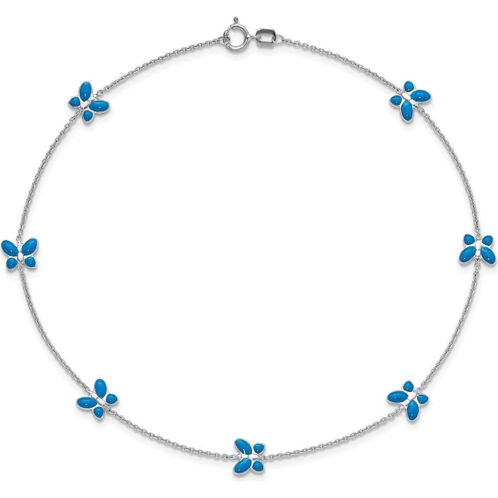 14K White Gold Blue Enameled Butterflies 7-Station 10" Anklet with Rhodium Plating