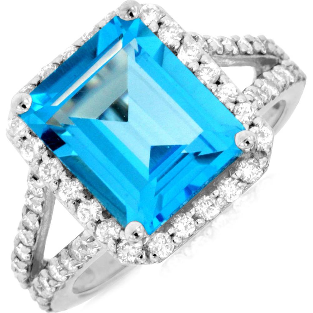 14K White Gold Blue Topaz & Diamond Cushion Cut Halo Ring - 6.10 Carats Total Weight