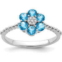 14K White Gold Blue Topaz and Diamond Floral Ring - 0.13 Carat Total Blue Topaz Weight, 0.004 Carat Total Diamond Weight by 0