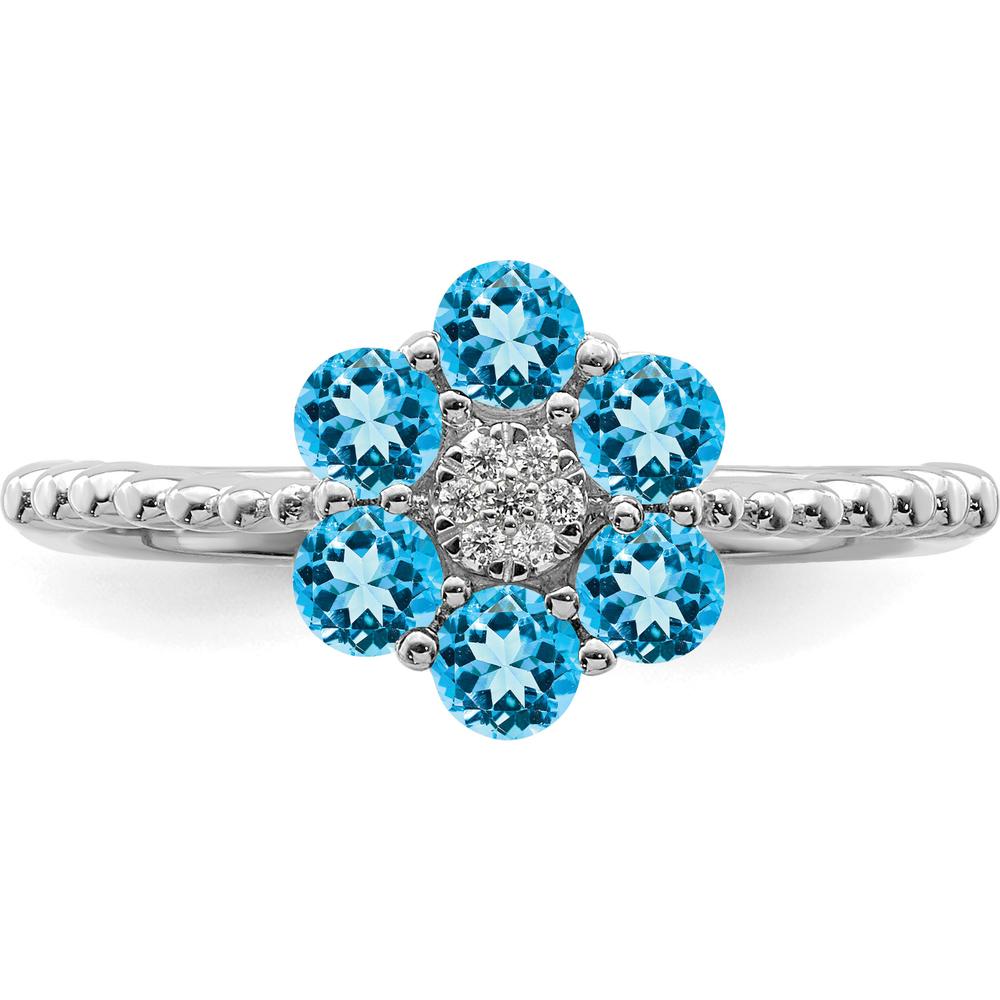 14K White Gold Blue Topaz and Diamond Floral Ring - 0.13 Carat Total Blue Topaz Weight, 0.004 Carat Total Diamond Weight by 0