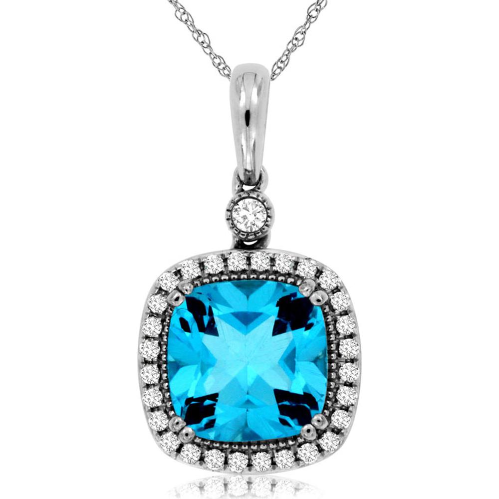14K White Gold Blue Topaz & Diamond Halo Pendant - 2.78 Carats Total Gem Weight