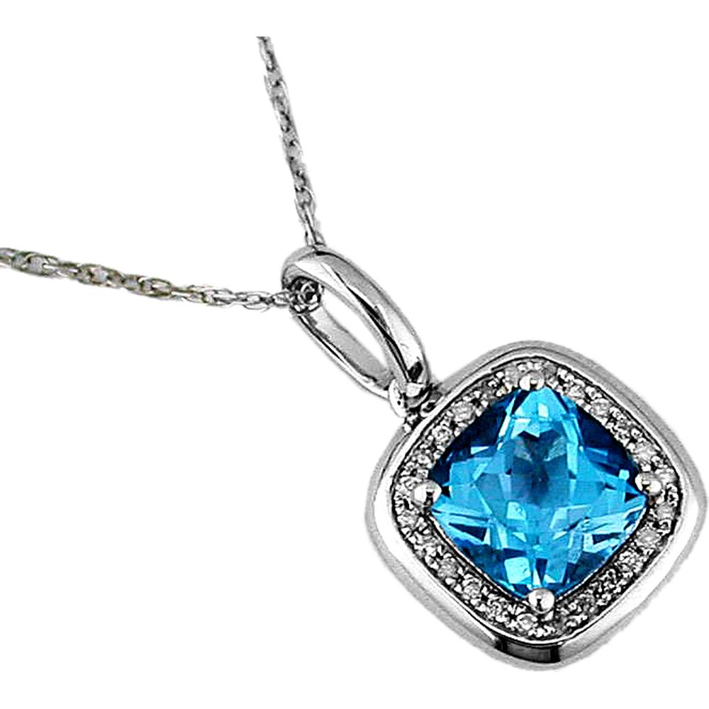 14K White Gold Blue Topaz and Diamond Halo Pendant with Cushion Cut Center Stone - 1.80 Carat Blue Topaz, 0.08 Carat Diamond Total Weight - Royal Jewelry
