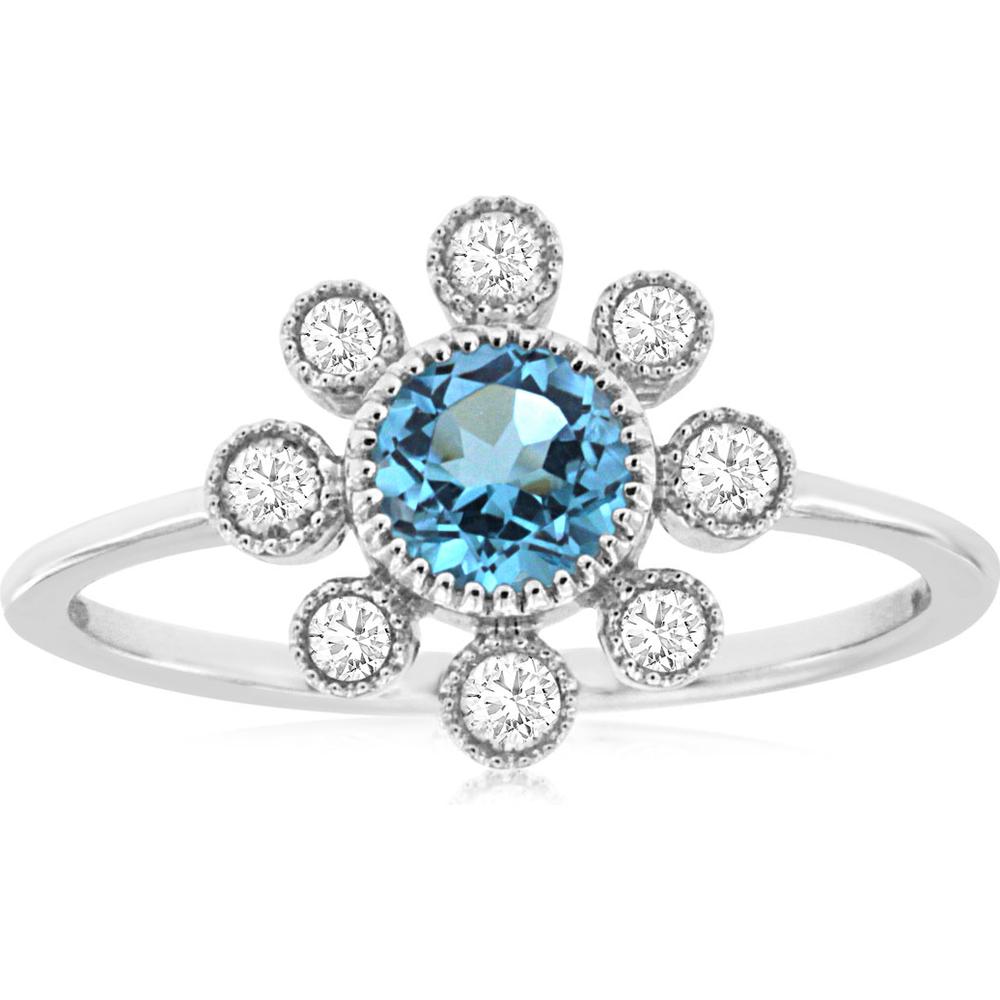 14K White Gold Blue Topaz & Diamond Halo Ring - 0.74 Carats Total Gem Weight