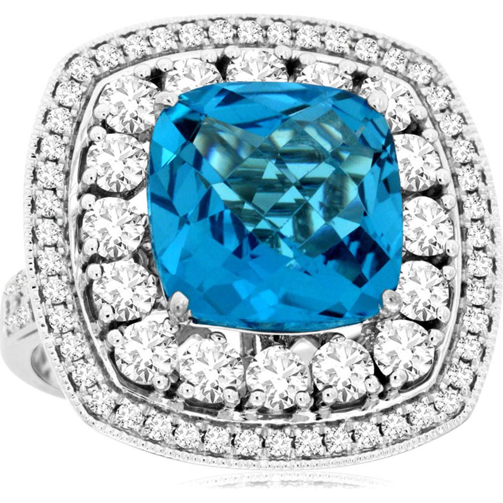 14K White Gold Blue Topaz & Diamond Halo Ring - 11.05 Carats Total Gemstone Weight