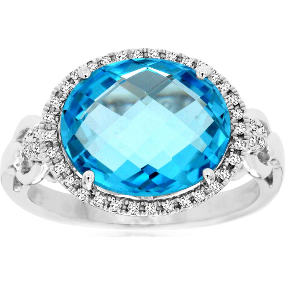 14K White Gold Blue Topaz & Diamond Halo Ring - 5.68 Carats Total Gemstone Weight