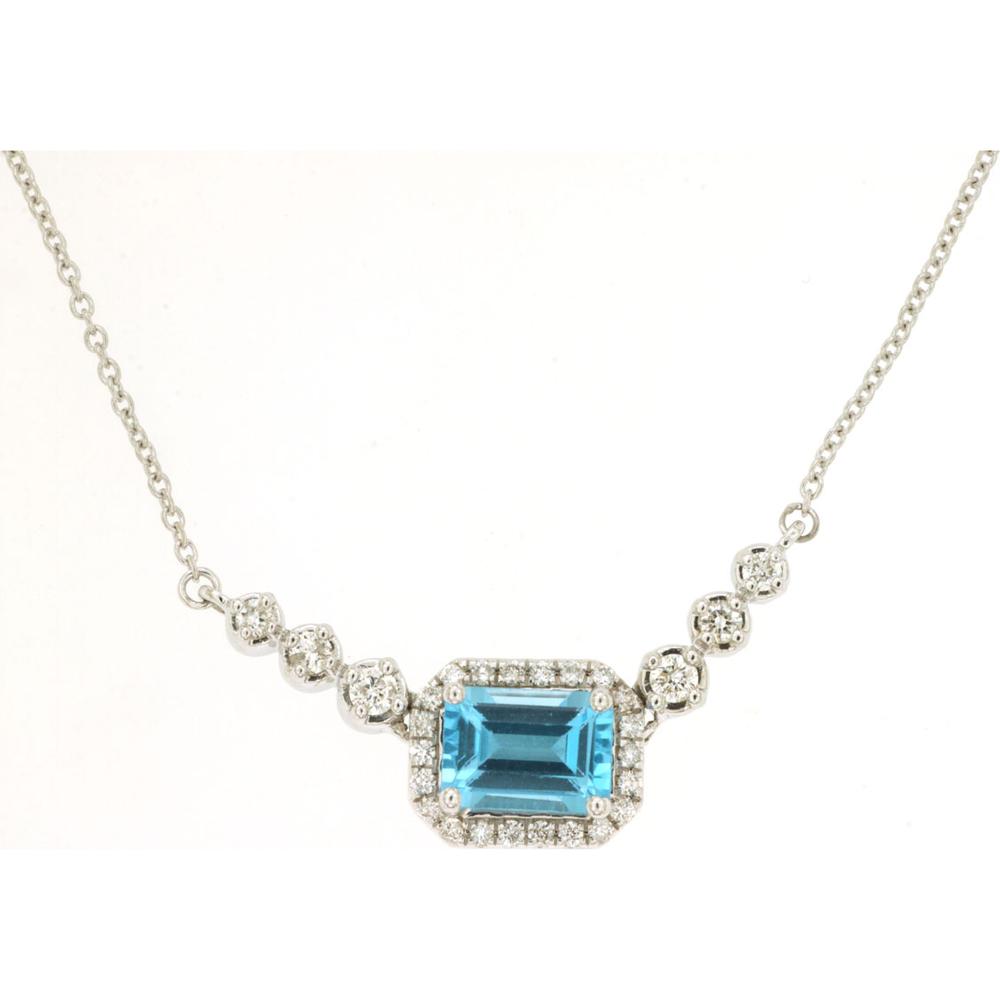 14K White Gold Blue Topaz & Diamond Halo Station Necklace - 1.10 Carat Emerald Cut Blue Topaz and 0.25 Carat Total Diamond Weight - Royal Jewelry