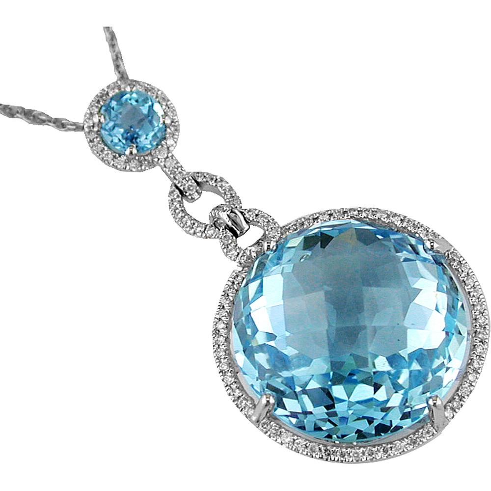 14K White Gold Blue Topaz & Diamond Pendant - 27.60 Carats Blue Topaz, 0.28 Carats Diamonds
