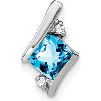 14K White Gold Blue Topaz and Diamond Pendant - 7mm Cushion Cut, 0.012 Carat Total Diamond Weight by Oro Pregiato