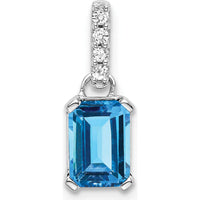 14K White Gold Blue Topaz and Diamond Pendant - December Birthstone, 7x5 mm Emerald Cut Topaz with Round Diamonds by Oro Pregiato