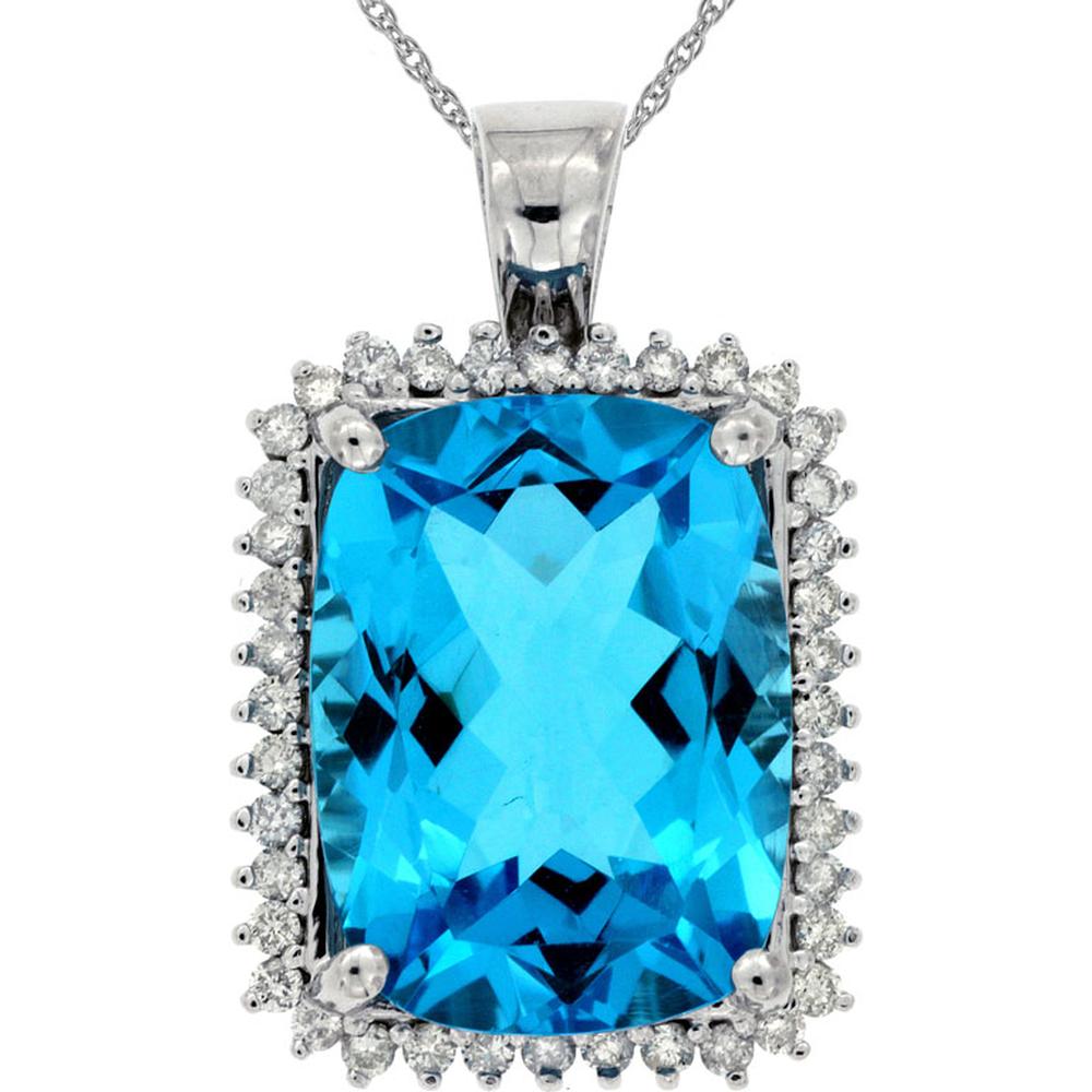 14K White Gold Blue Topaz and Diamond Pendant with Cushion Cut Blue Topaz - 12.90 Carats Total Gem Weight