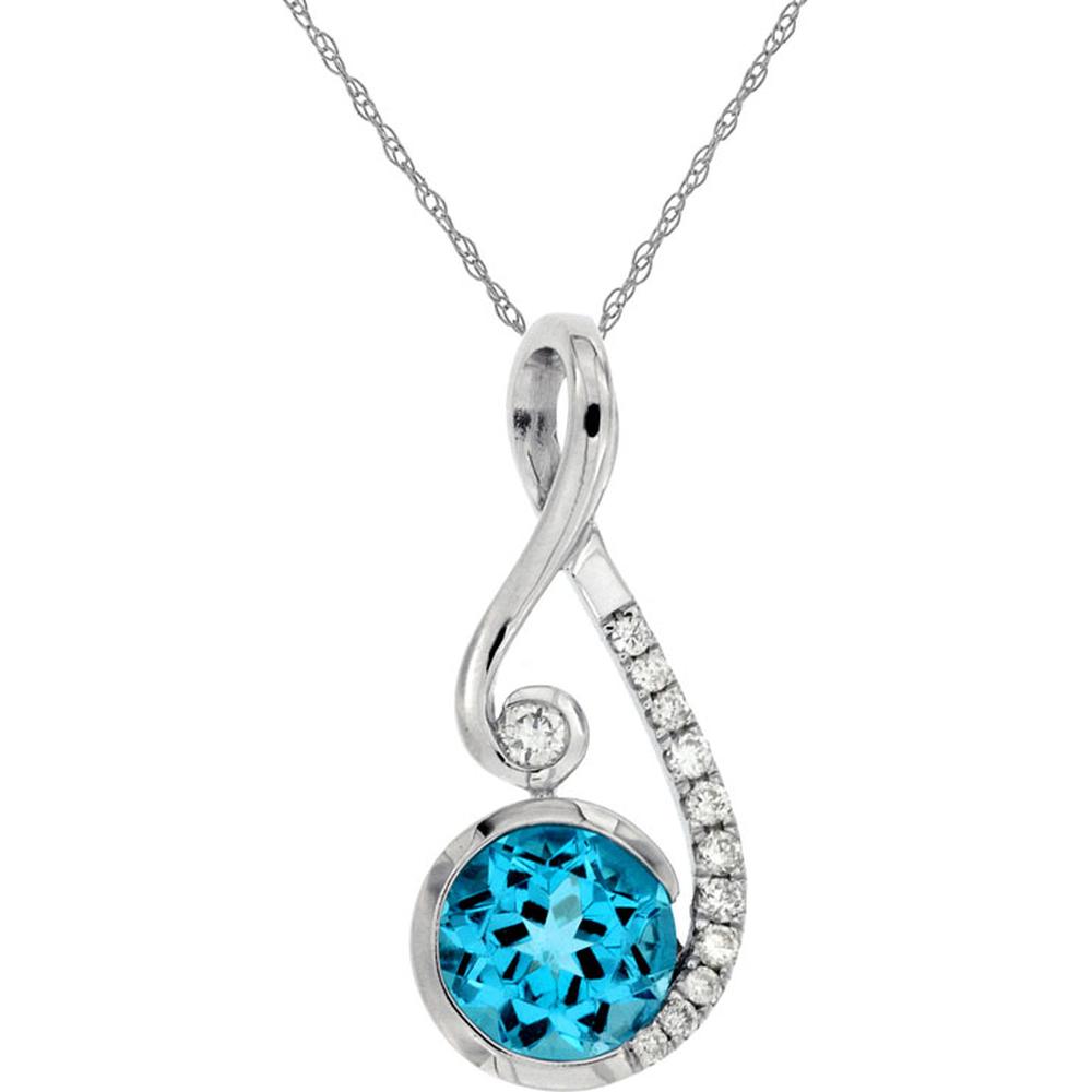 14K White Gold Blue Topaz & Diamond Pendant with Round Cut Center Stone and Accented Curved Ribbon Design - 0.75 Carat Blue Topaz, 0.08 Carat Total Diamond Weight - Royal Jewelry
