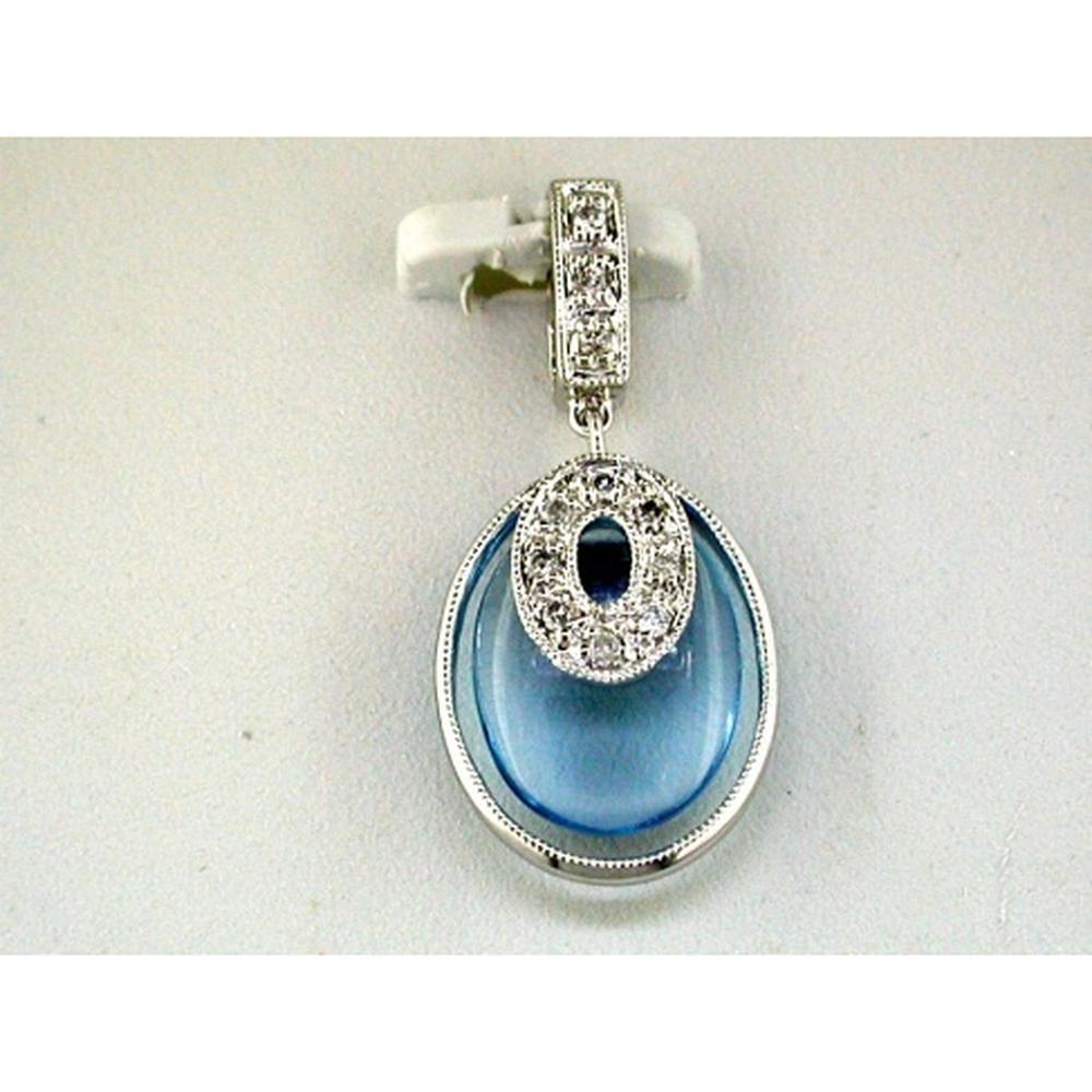 14K White Gold Blue Topaz and Diamond Pendant with Special Cut Oval Topaz and Round Diamond Halo - 2.20 Carat Blue Topaz, 0.06 Carat Diamond Total Weight - Royal Jewelry