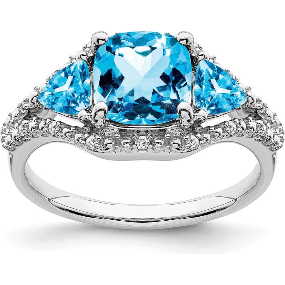 14K White Gold Blue Topaz and Diamond Ring with Cushion and Trillion Cut Stones - 2.58 Carat Total Gem Weight by 0